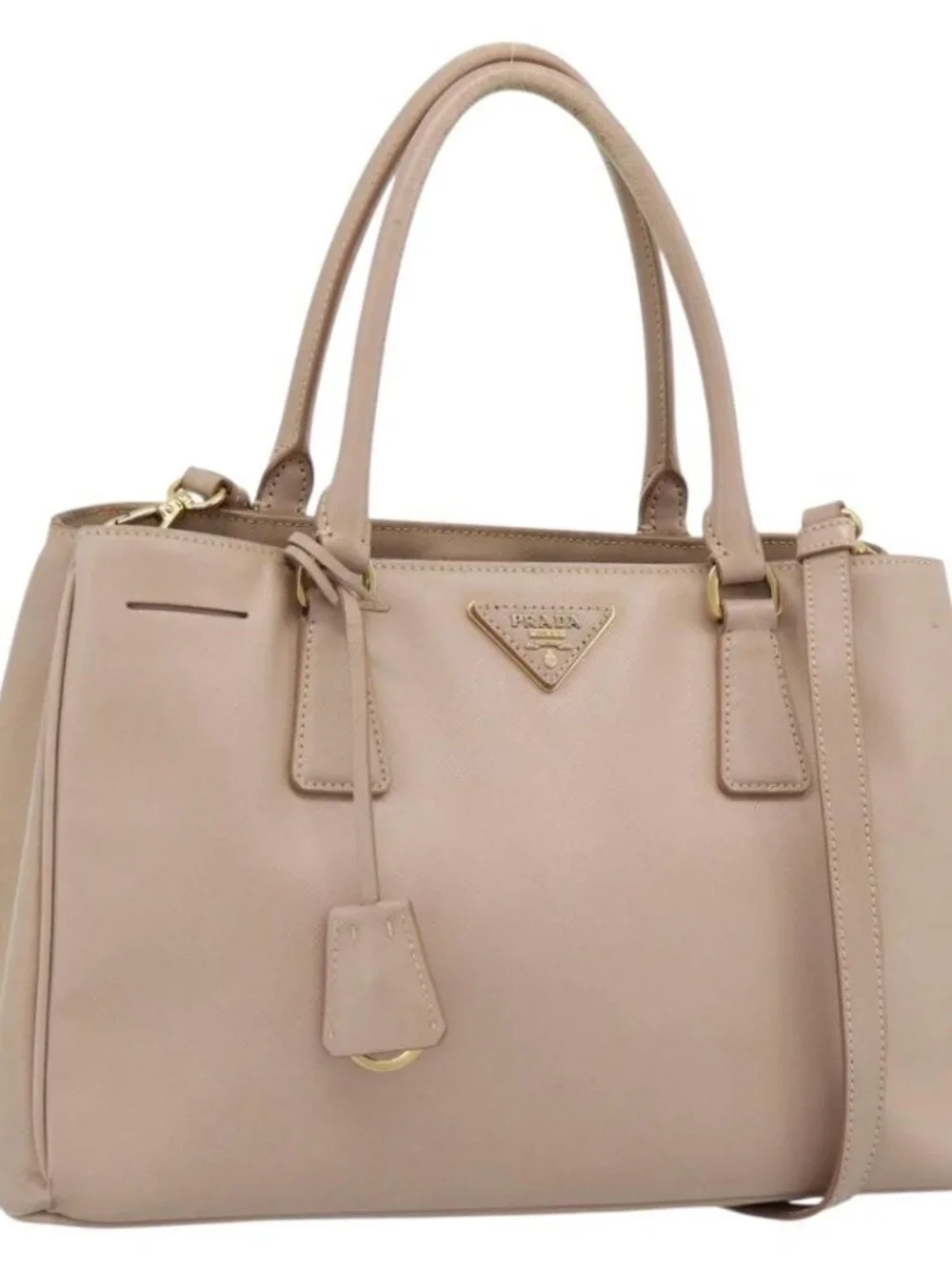 PRADA Hand Bag Safiano Leather 2way Beige Gold Auth